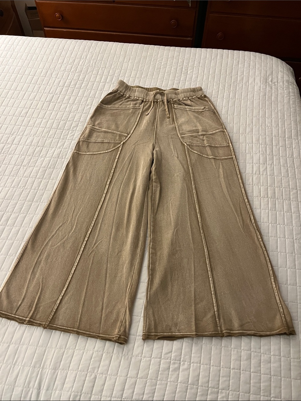 Easel’s Yummy Comfy Monkey Wash Wide-Leg Drawstring Pants-Dark Khaki w/Pockets
